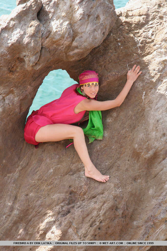 Barefoot Babe: European Teen Firebird A Poses on Rocky Cliffs, Spreading her Legs and Showing off Her Big Natural Boobs in Revealing Outfit