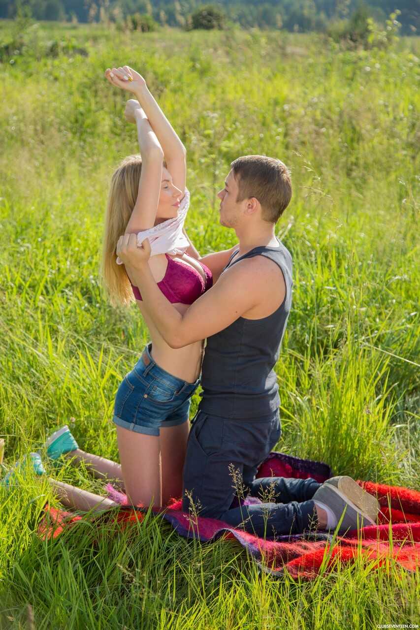 Blonde Teen Gets Drilled in the Field by a Huge Dick