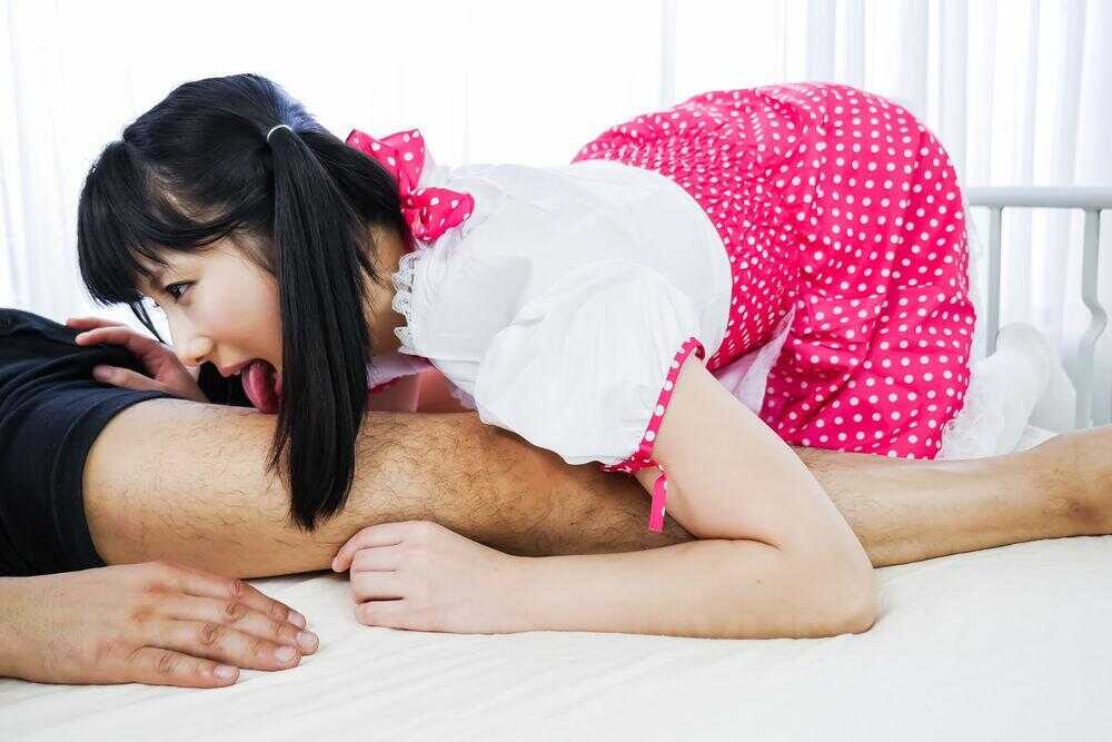 Young looking An Koshi's pigtails tickle as she gives a man head and then a rimjob, all while sucking him off! - An K...