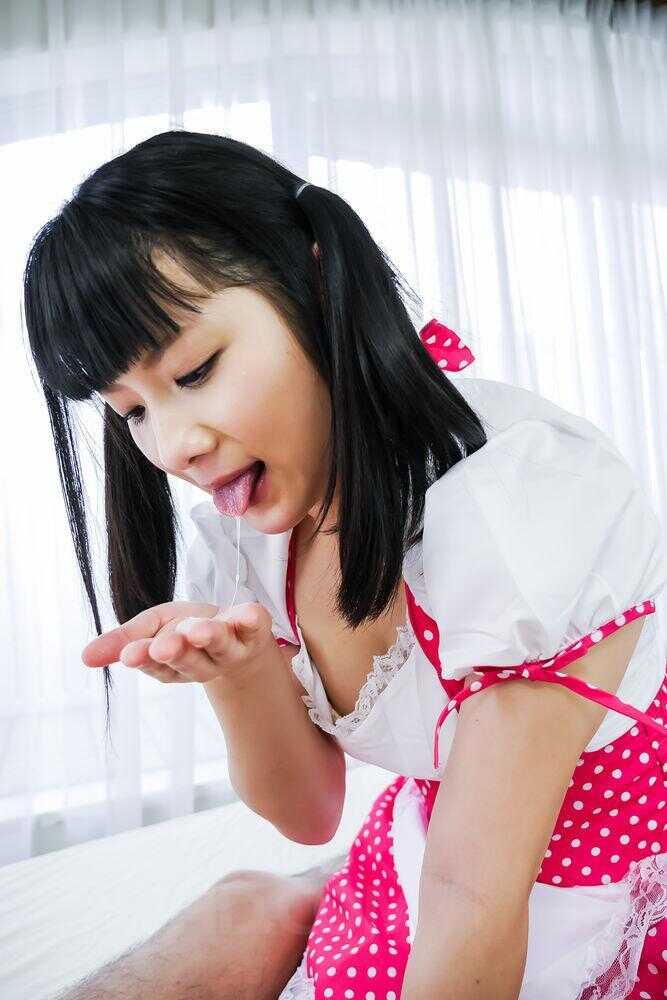 Young looking An Koshi's pigtails tickle as she gives a man head and then a rimjob, all while sucking him off! - An K...
