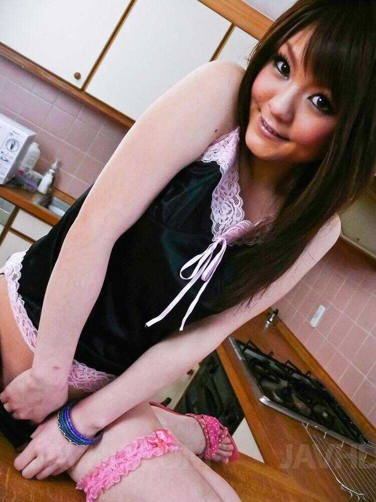 Sexy Japanese Kitchen Queen Huwari's Trimmed Bush Squirts and Sprays in the Kitchen! - Huwari