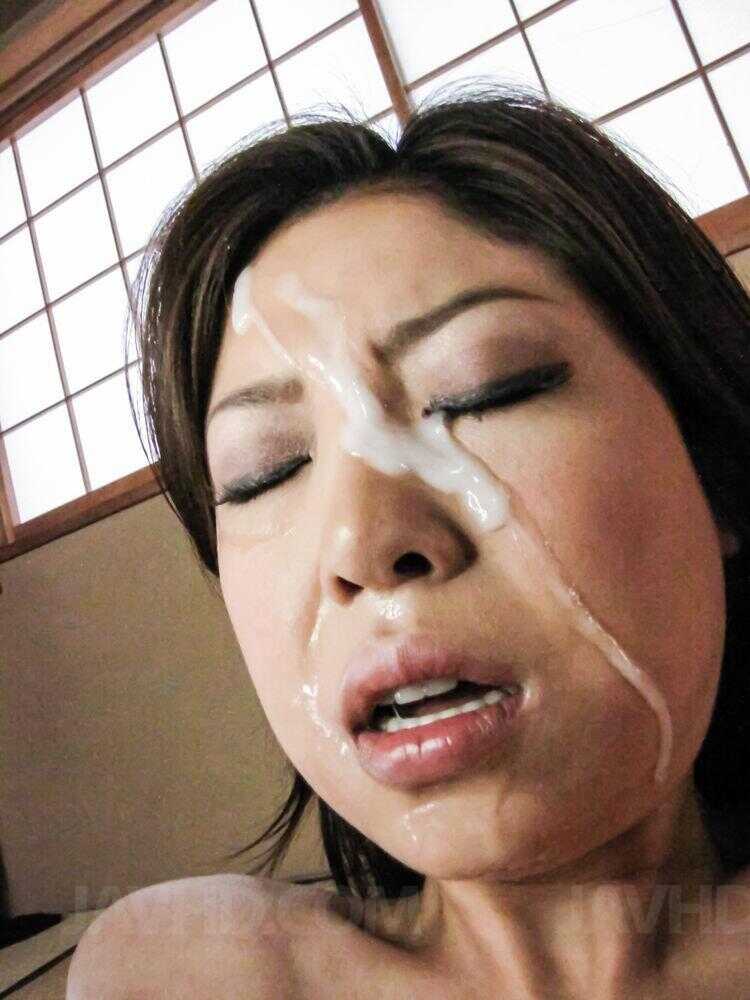 Japanese girl Nana Saitou concludes a gangbang with jizz on her face and faces the camera in ecstasy as she cums all over ...