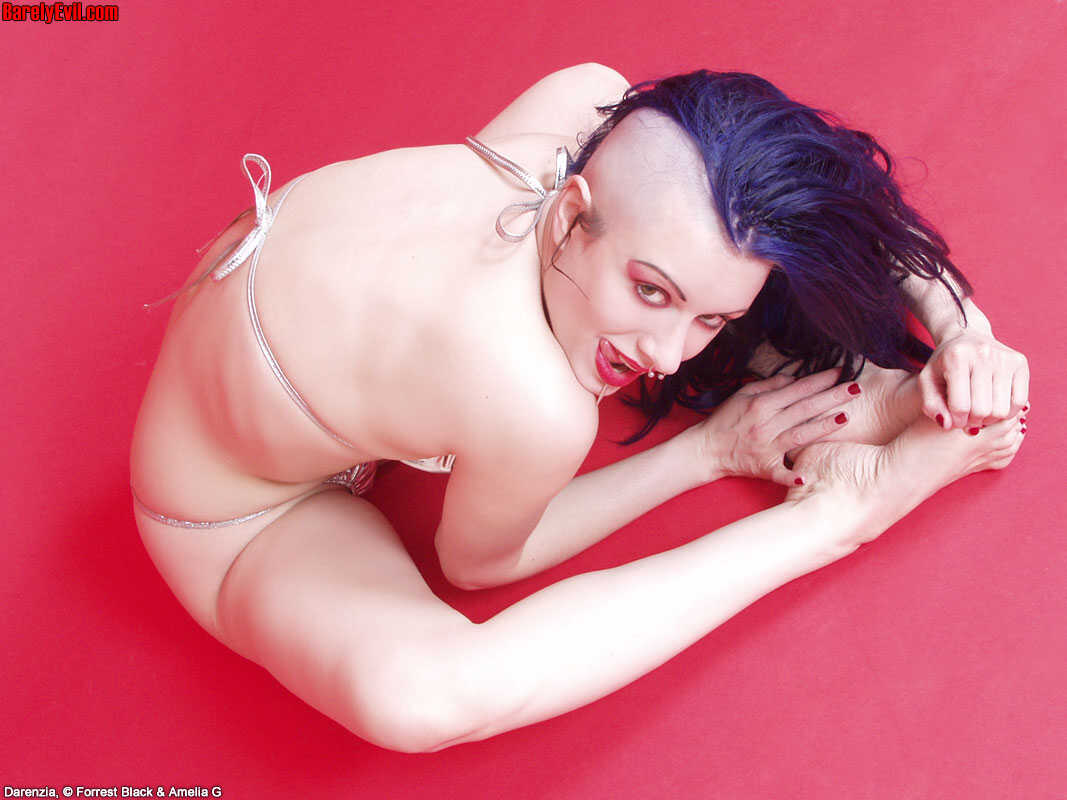 Pale punk Darenzia swings a bat, then strips down to reveal her pale skin and perky breasts - Darenzia