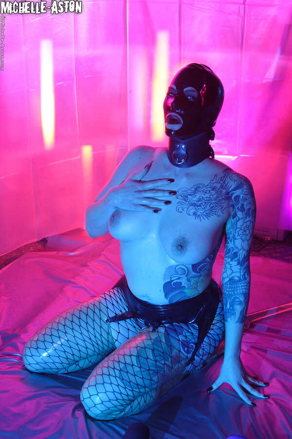 Black Latex Hood Tattooed Chick Toy Time!