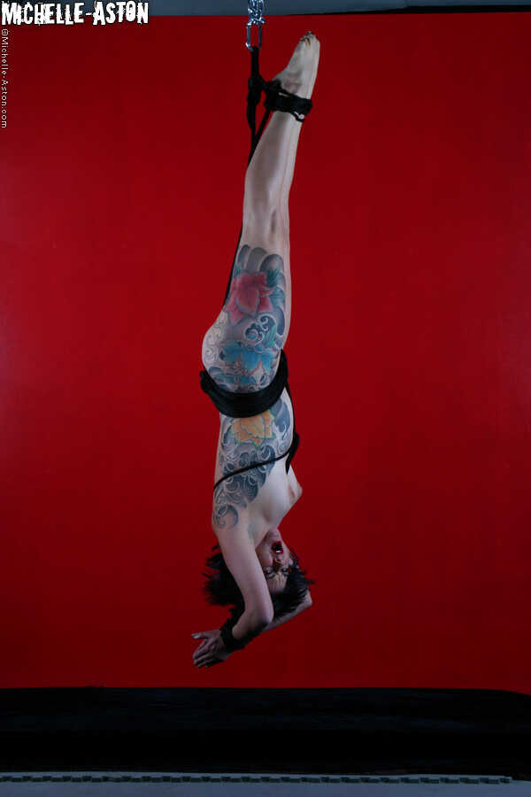 Suspension Bondage: The Tattooed Brunette Michelle Aston, Naked and Dangling