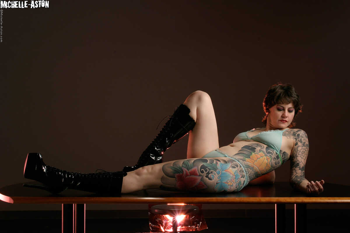 Michelle Aston, the Heavily Tattooed Female MILF, Models in Sheer Lingerie Set - Michelle Aston