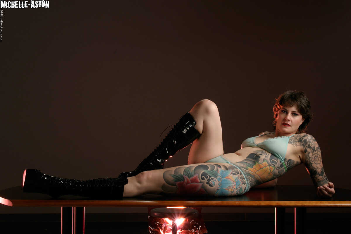 Michelle Aston, the Heavily Tattooed Female MILF, Models in Sheer Lingerie Set - Michelle Aston