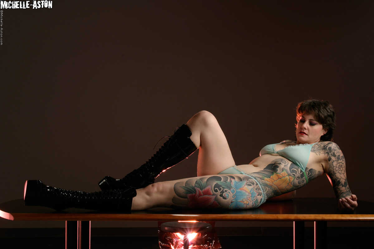 Michelle Aston, the Heavily Tattooed Female MILF, Models in Sheer Lingerie Set - Michelle Aston