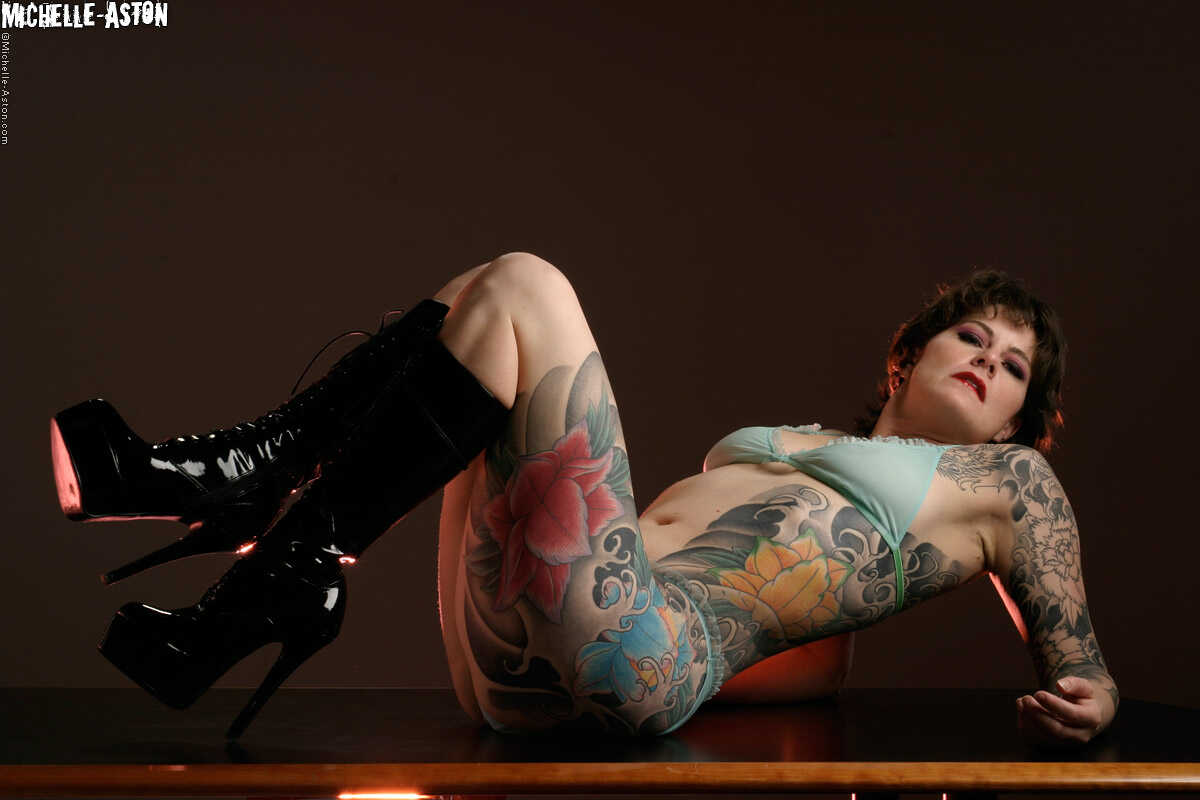 Michelle Aston, the Heavily Tattooed Female MILF, Models in Sheer Lingerie Set - Michelle Aston