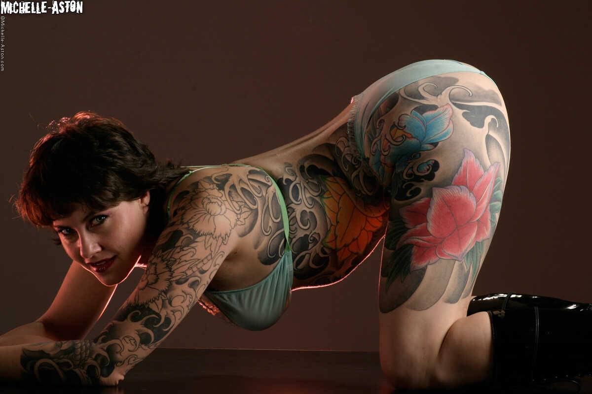 Michelle Aston, the Heavily Tattooed Female MILF, Models in Sheer Lingerie Set - Michelle Aston