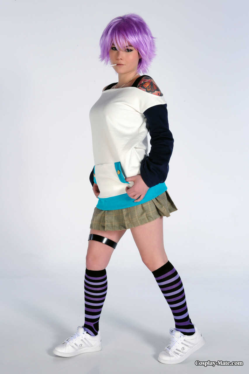 Purple haired girl Kasey Olsen spreading her pussy with lollipop in her mouth while wearing cosplay pussy and lingerie, sh...