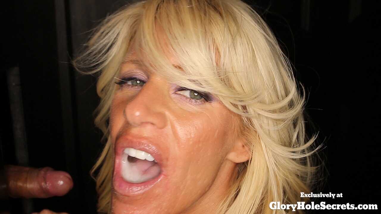 Mature GILF Gina West takes a mouthful of cum after sucking off multiple men through the gloryhole! - Gina West