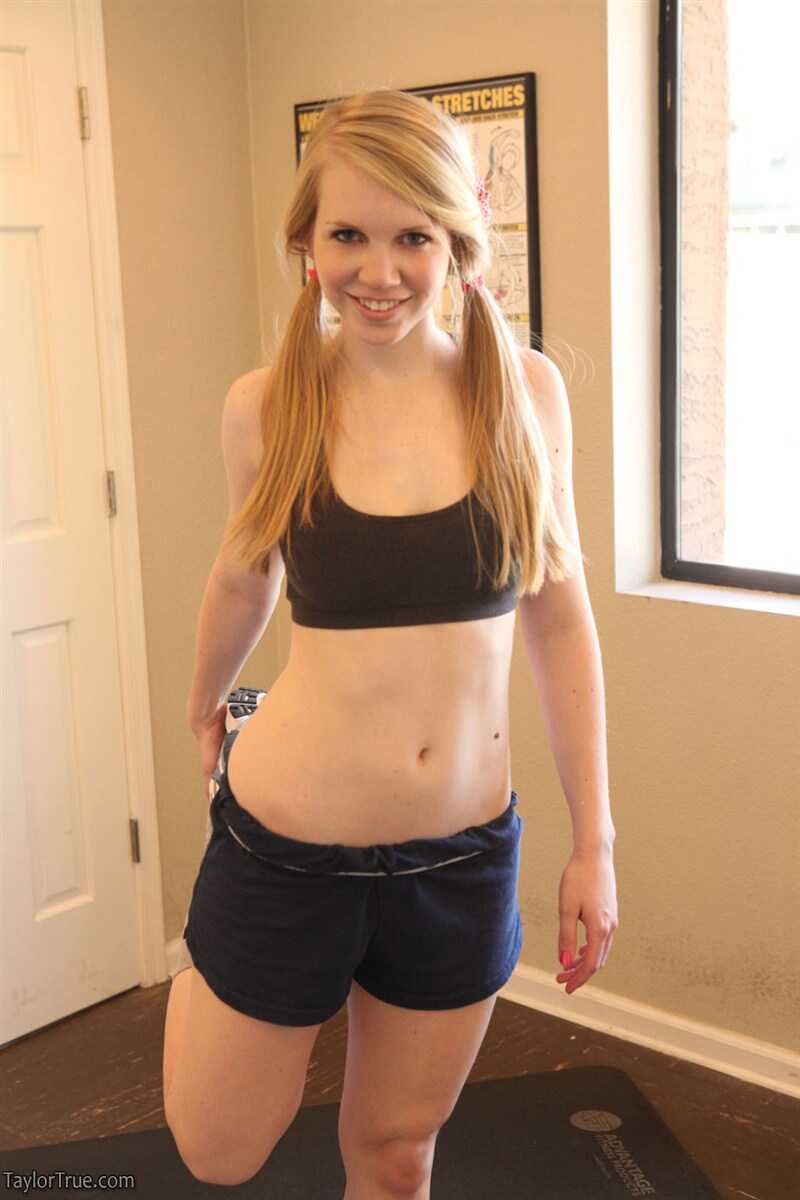 Blonde amateur Taylor True shows off her tight fitness ass in pigtails at the gym - Taylor True