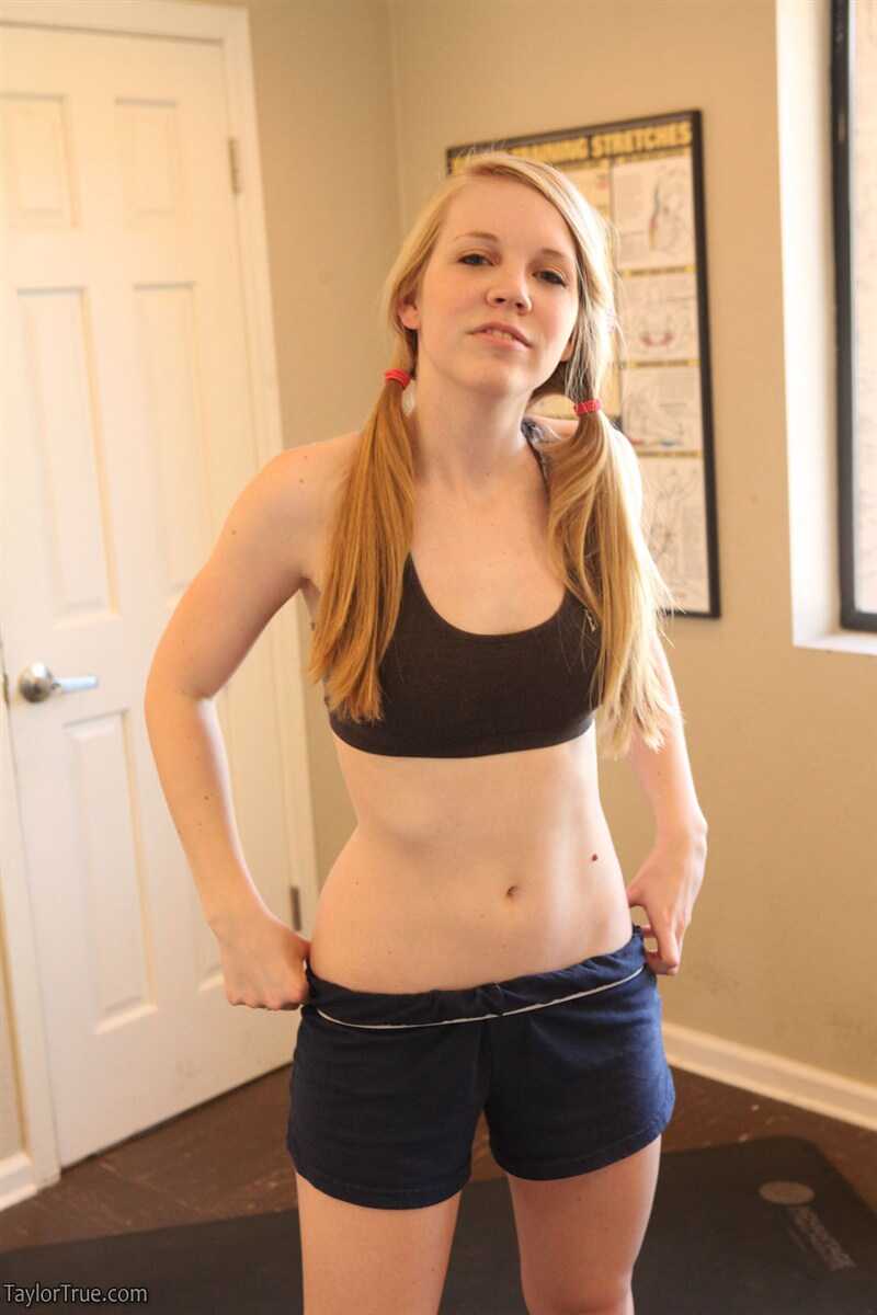 Blonde amateur Taylor True shows off her tight fitness ass in pigtails at the gym - Taylor True