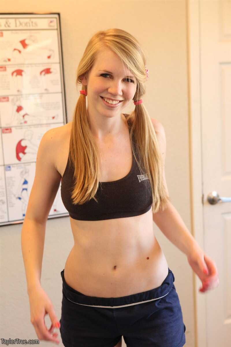 Blonde amateur Taylor True shows off her tight fitness ass in pigtails at the gym - Taylor True