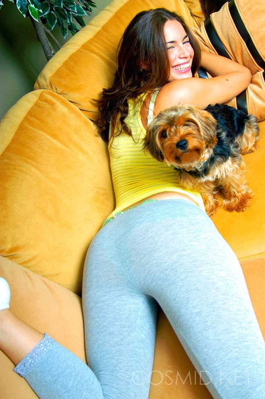 Smiling amateur Lucinda posing seductively in lacy panties and bra, bending over to show off her yoga pants-clad ass - Luc...