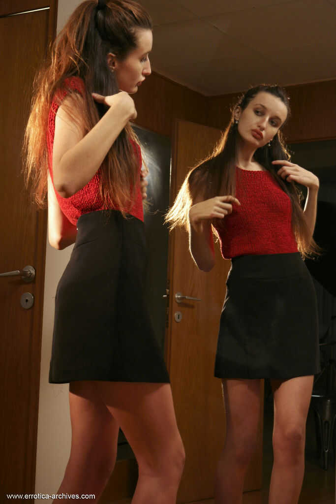 Teen Zavya's Long Legs and Thin Body Reflected in the Mirror as She Reveals Her Hairy Vagina and White Panties - Zavya