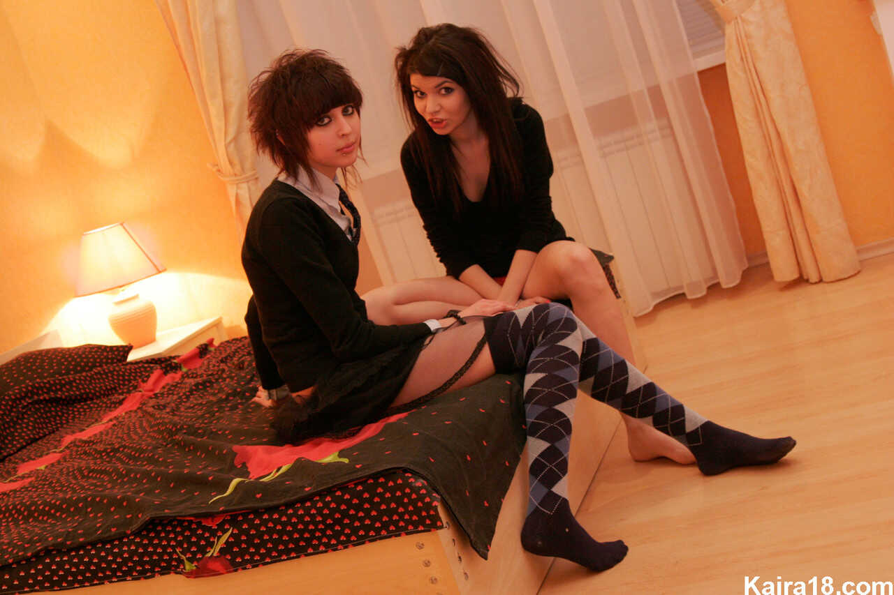 Petite Emo Schoolgirls Kaira 18 and Kate Share Lesbian Kissing Fun on a Bed