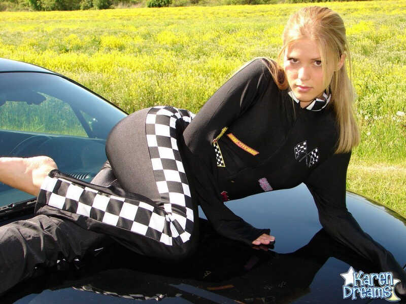 Amateur Karen Shows Off Her Side Boob and Big Blonde Tits atop a Race Car! - Karen