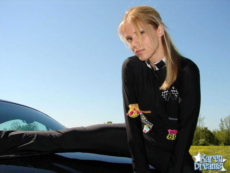 Amateur Karen Shows Off Her Side Boob and Big Blonde Tits atop a Race Car! - Karen