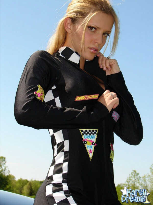 Amateur Karen Shows Off Her Side Boob and Big Blonde Tits atop a Race Car! - Karen