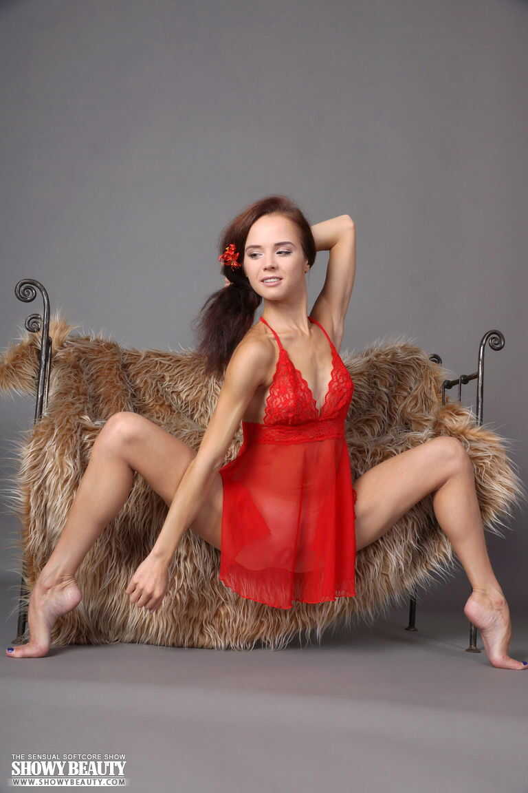 Slim teen Matilda Bae shows off her flexible body in sheer lingerie, stretching her long legs to reveal her gaping pussy -...