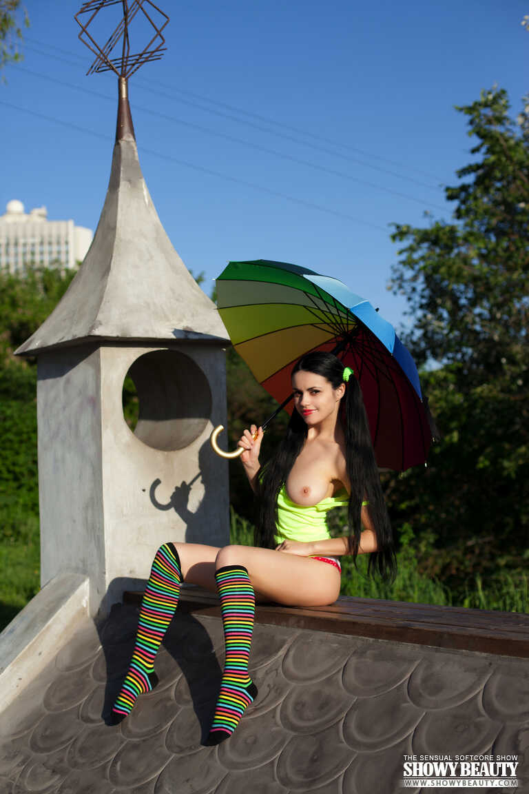 Rainy Day Rooftop Romp: Dark-haired Teen Mirella's Thigh-High Socked Nude Poses in the Rain - Mirella