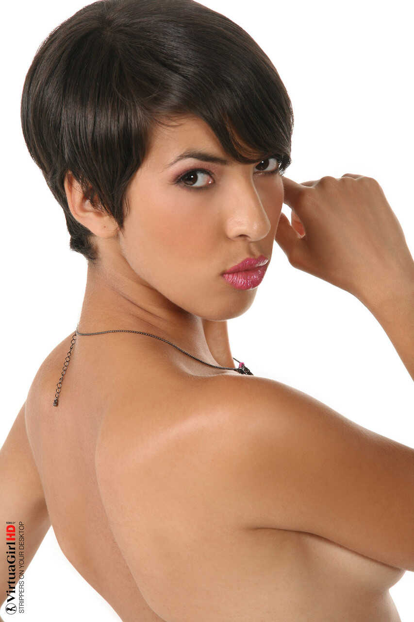 Short haired Latina girl Jasmine Arabia doffs satin lingerie in sheer hosiery while showing off her big Latina ass and pan...