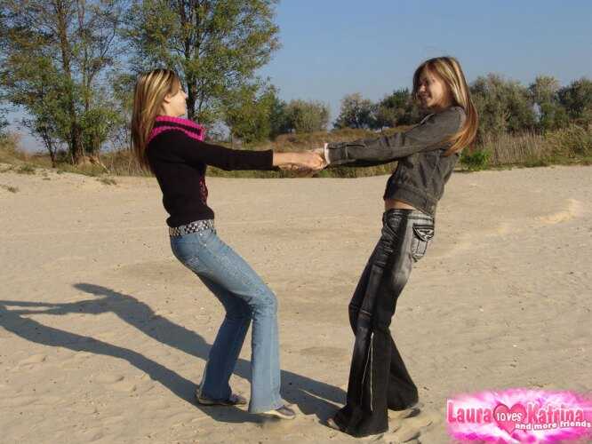 Teen BFFs Goofing Off on the Beach in Denim Jeans and Jackets - Laura, Katrina