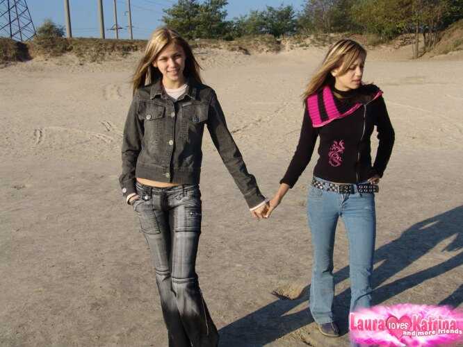 Teen BFFs Goofing Off on the Beach in Denim Jeans and Jackets - Laura, Katrina