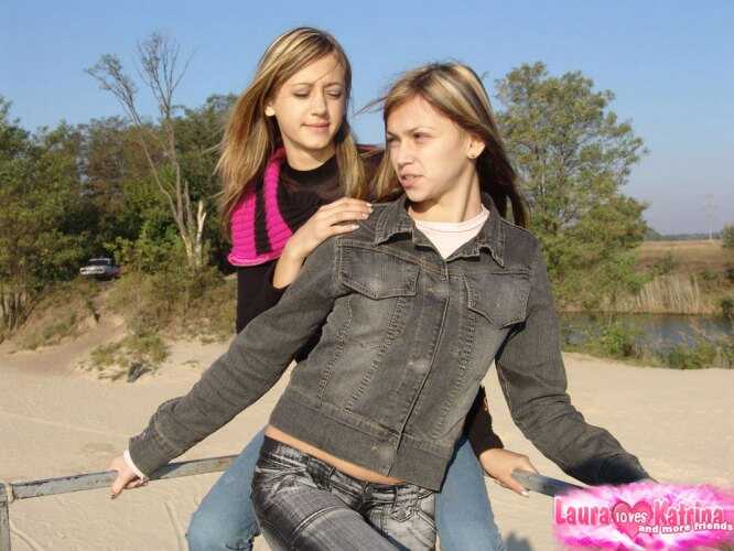 Teen BFFs Goofing Off on the Beach in Denim Jeans and Jackets - Laura, Katrina