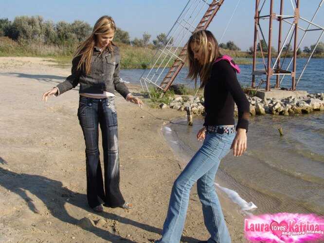 Teen BFFs Goofing Off on the Beach in Denim Jeans and Jackets