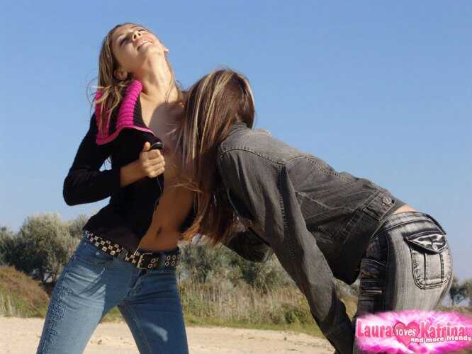 Katrina and Laura's Bare Chest Lick Fest on the Nude Beach - Laura, Katrina