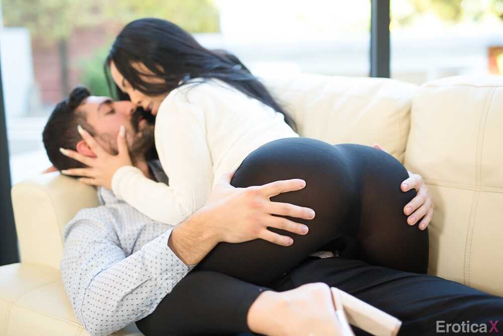 Gorgeous MILF pornstar Kristina Rose naked & fucking doggystyle on the couch in leggings yoga pants with her big ass w...
