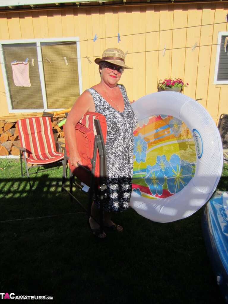 Fatty Mature Girdle Goddess Peels to Enjoy Skinny Dip with Her Very Old, Big Ass Granny Friends in the Wading Pool - Girdl...
