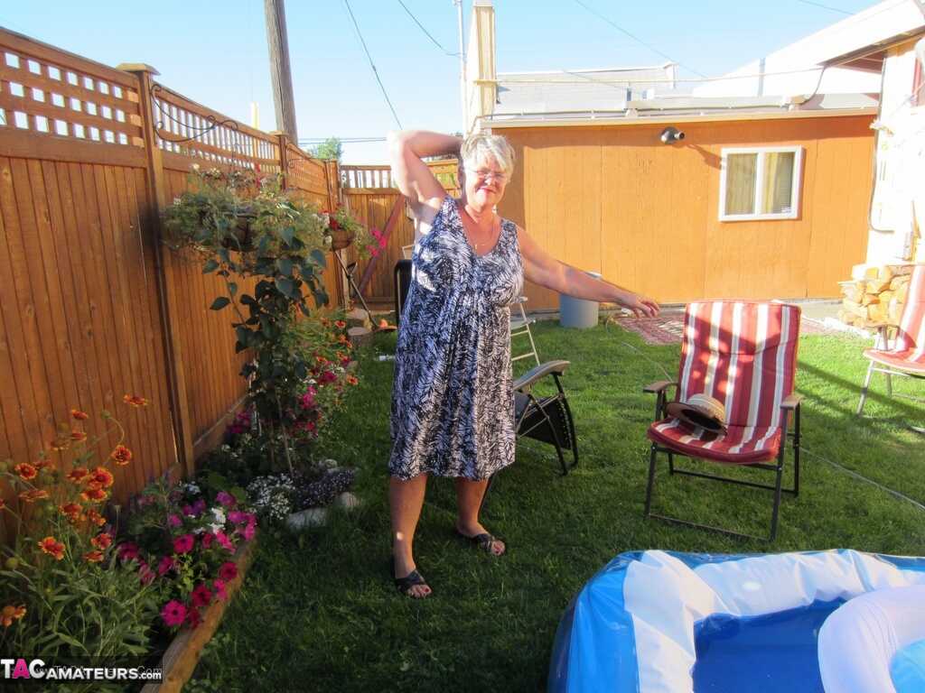 Fatty Mature Girdle Goddess Peels to Enjoy Skinny Dip with Her Very Old, Big Ass Granny Friends in the Wading Pool - Girdl...