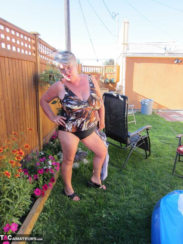 Fatty Mature Girdle Goddess Peels to Enjoy Skinny Dip with Her Very Old, Big Ass Granny Friends in the Wading Pool - Girdl...