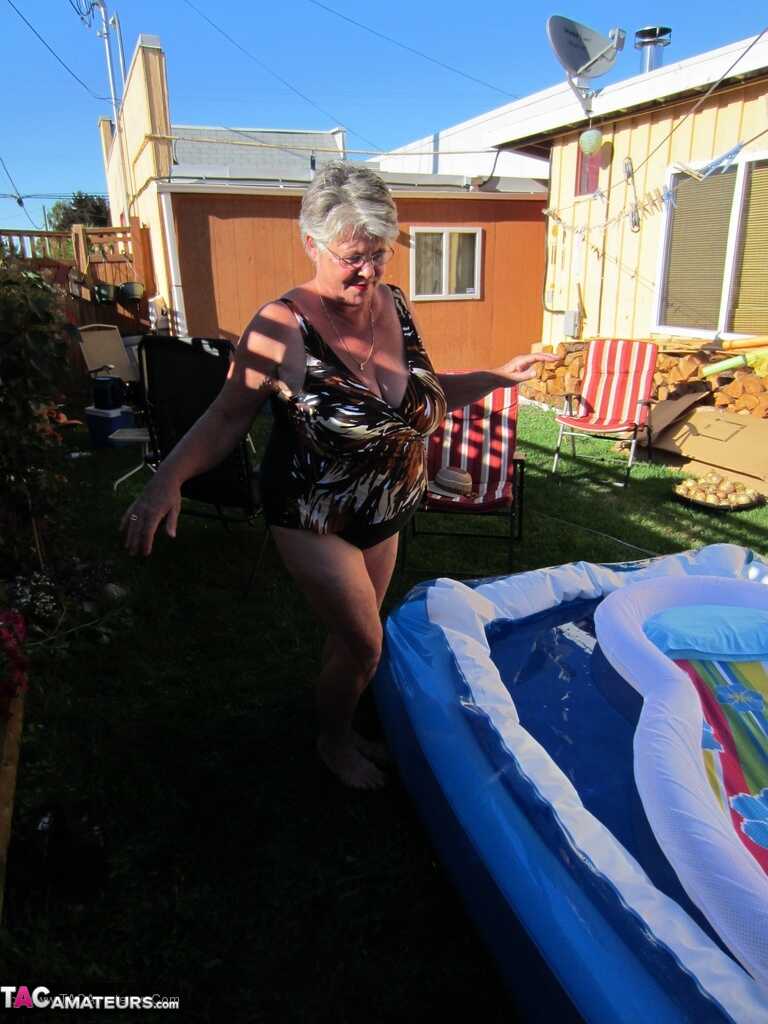 Fatty Mature Girdle Goddess Peels to Enjoy Skinny Dip with Her Very Old, Big Ass Granny Friends in the Wading Pool