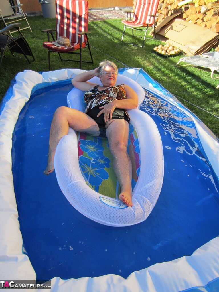 Fatty Mature Girdle Goddess Peels to Enjoy Skinny Dip with Her Very Old, Big Ass Granny Friends in the Wading Pool - Girdl...
