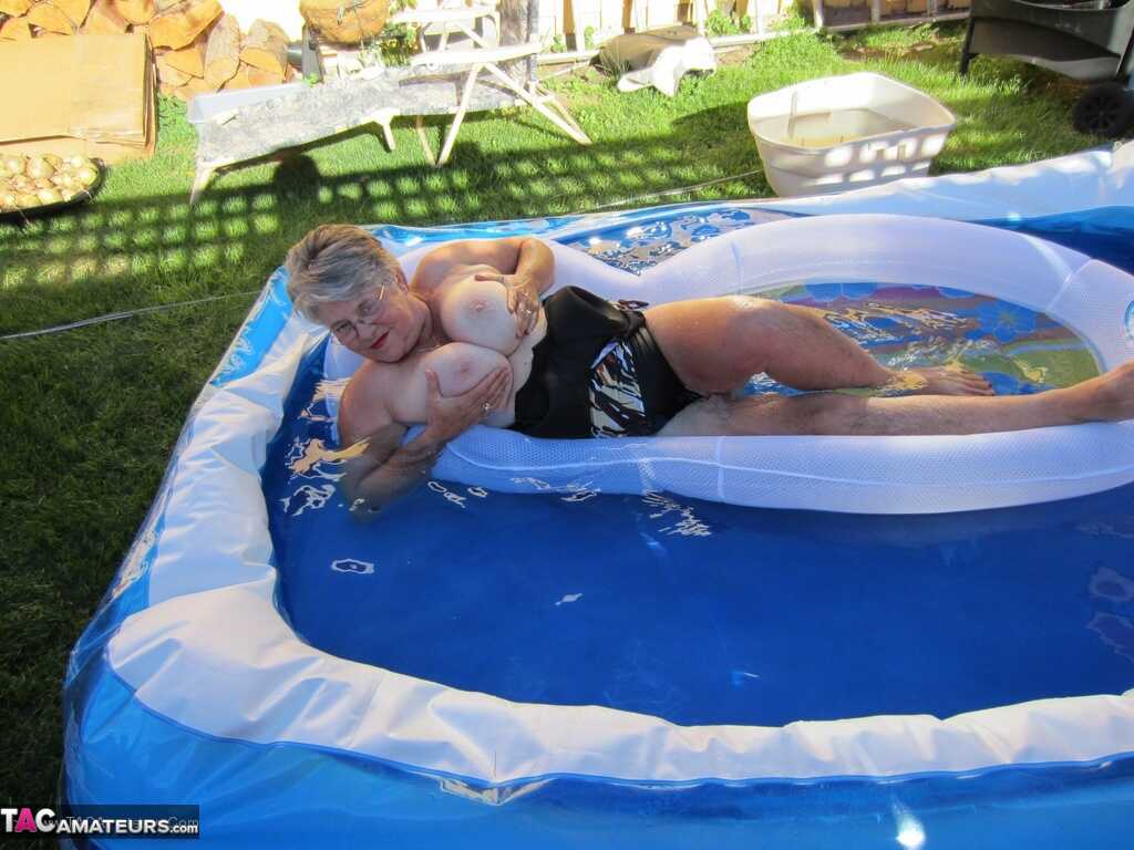 Fatty Mature Girdle Goddess Peels to Enjoy Skinny Dip with Her Very Old, Big Ass Granny Friends in the Wading Pool - Girdl...