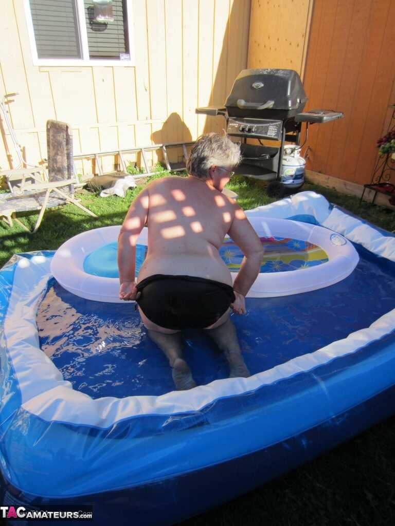 Fatty Mature Girdle Goddess Peels to Enjoy Skinny Dip with Her Very Old, Big Ass Granny Friends in the Wading Pool - Girdl...
