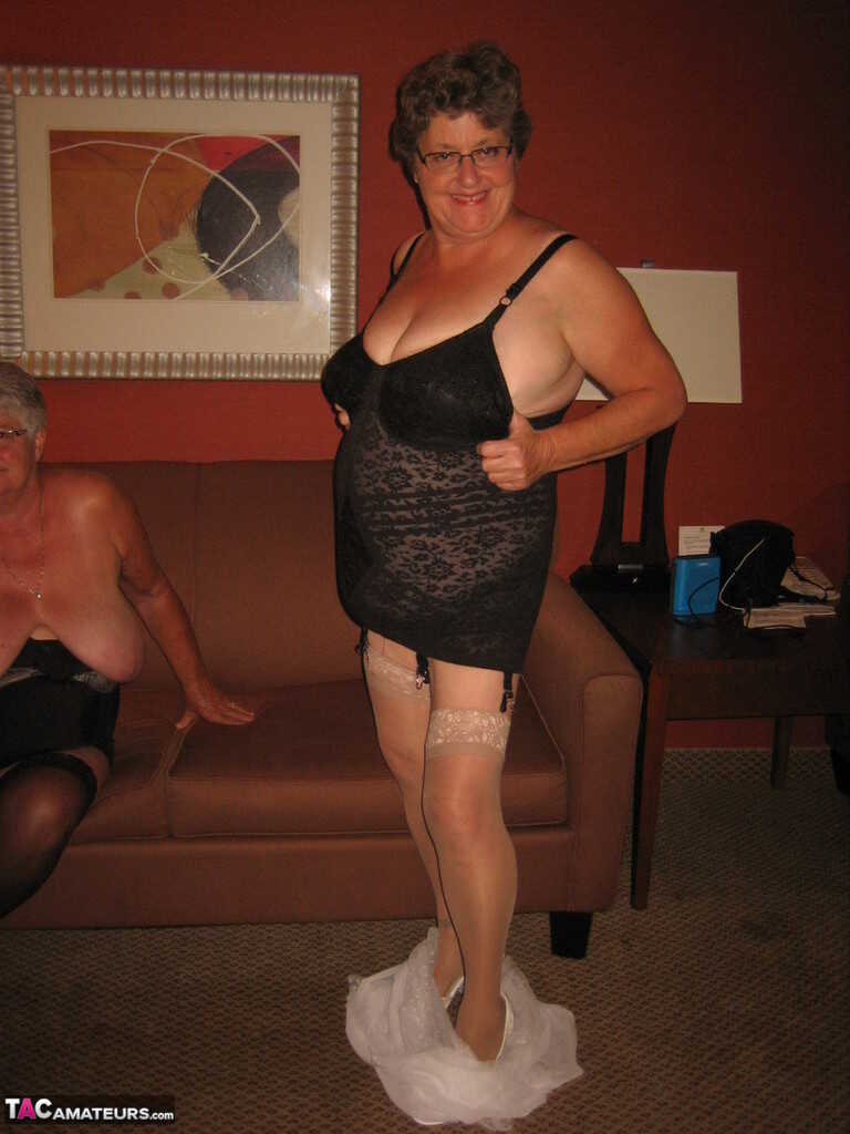 Saggy Sapphic Saga: Girdle Goddess and her Lesbian Lover Expose Their Breasts - Girdle Goddess, Sue Oliver