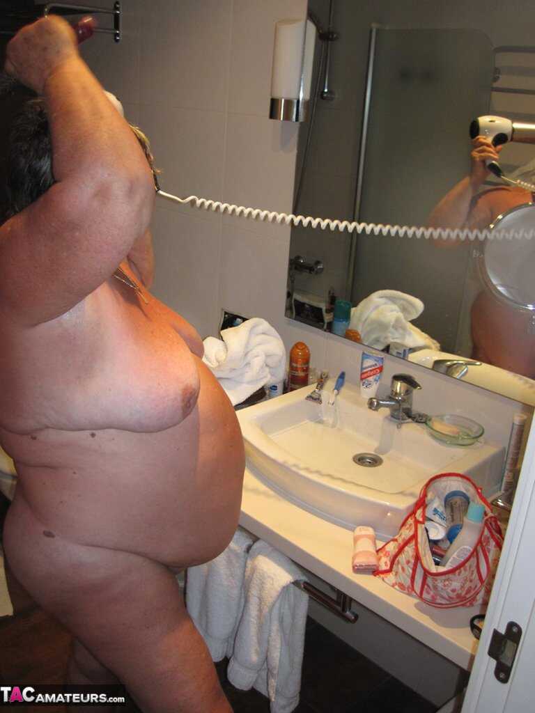 Granny's Wet & Messy Showers: Obese amateur Grandma Libby blow drys her hair after taking a shower