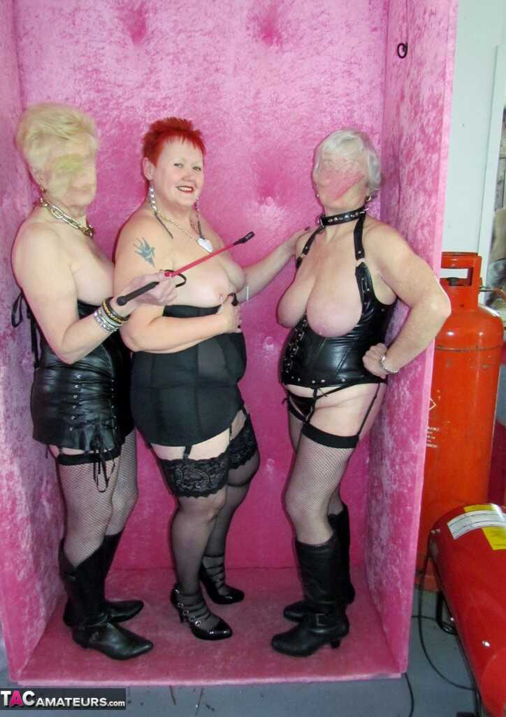 Mature Valgasmic Nurse Engages in a Racy BBW Threesome with a Country Girl in Leather Lingerie.