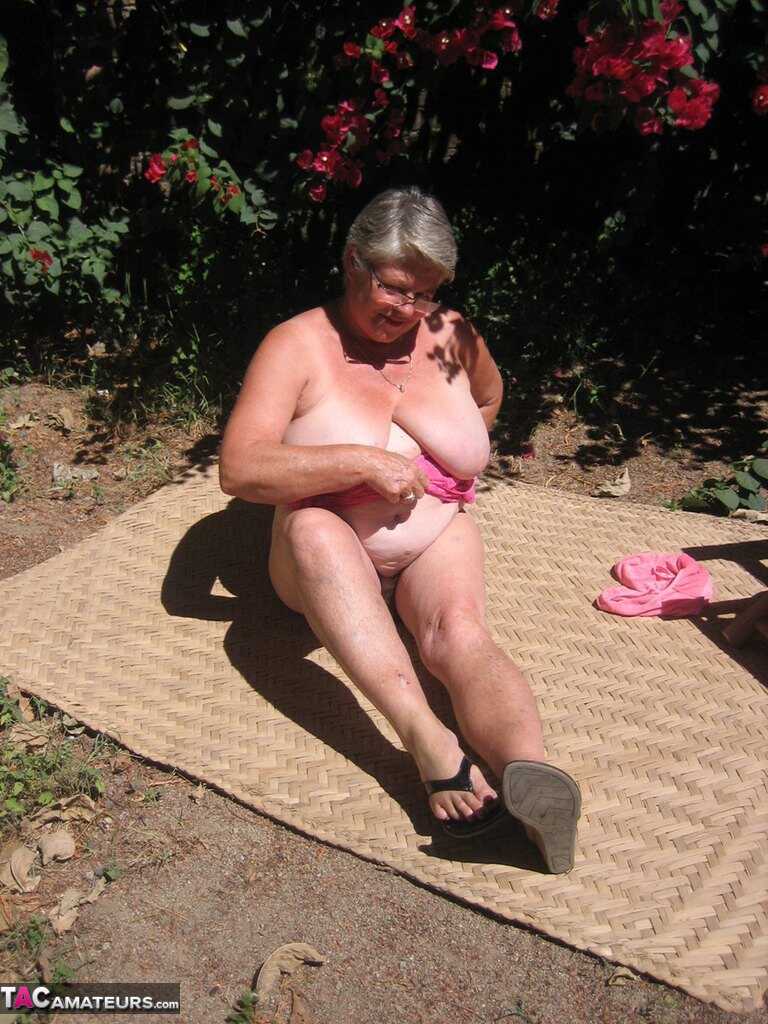 Obese granny Girdle Goddess strips to her sandals on garden patio : The Perverted Adventures of the BBW Granny and Her Secret Girdle Fetish