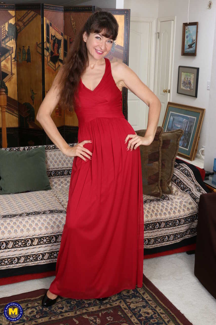 Mature Ivana Slew in Gown Flashes Panty Upskirt & Strips to Spread for Dildo Toying - Ivana Slew