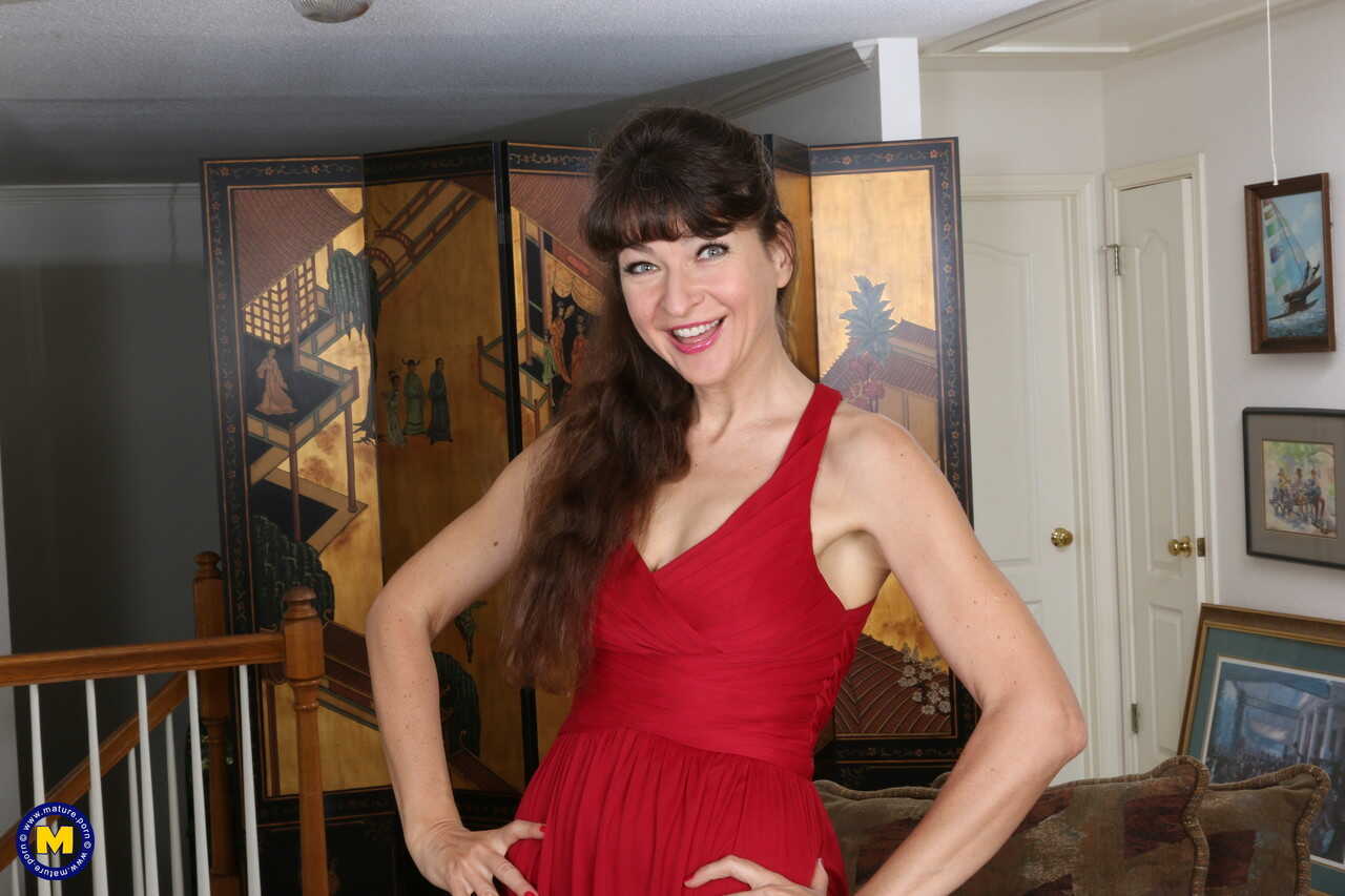 Mature Ivana Slew in Gown Flashes Panty Upskirt & Strips to Spread for Dildo Toying - Ivana Slew