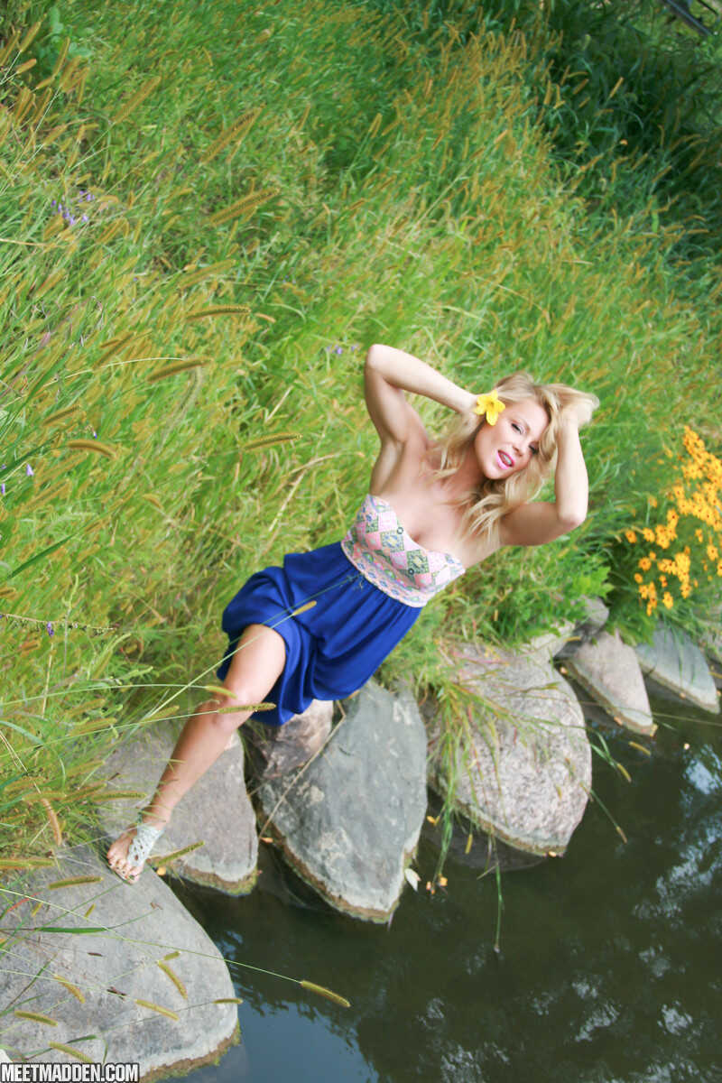 Blonde first-timer MILF Madden flashes her panties and legs at the park while solo masturbating - Meet Madden