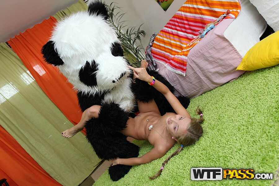 Young and innocent blonde angel seduces a panda bear with her teen creampie, dripping pussy, and teen cum in mouth