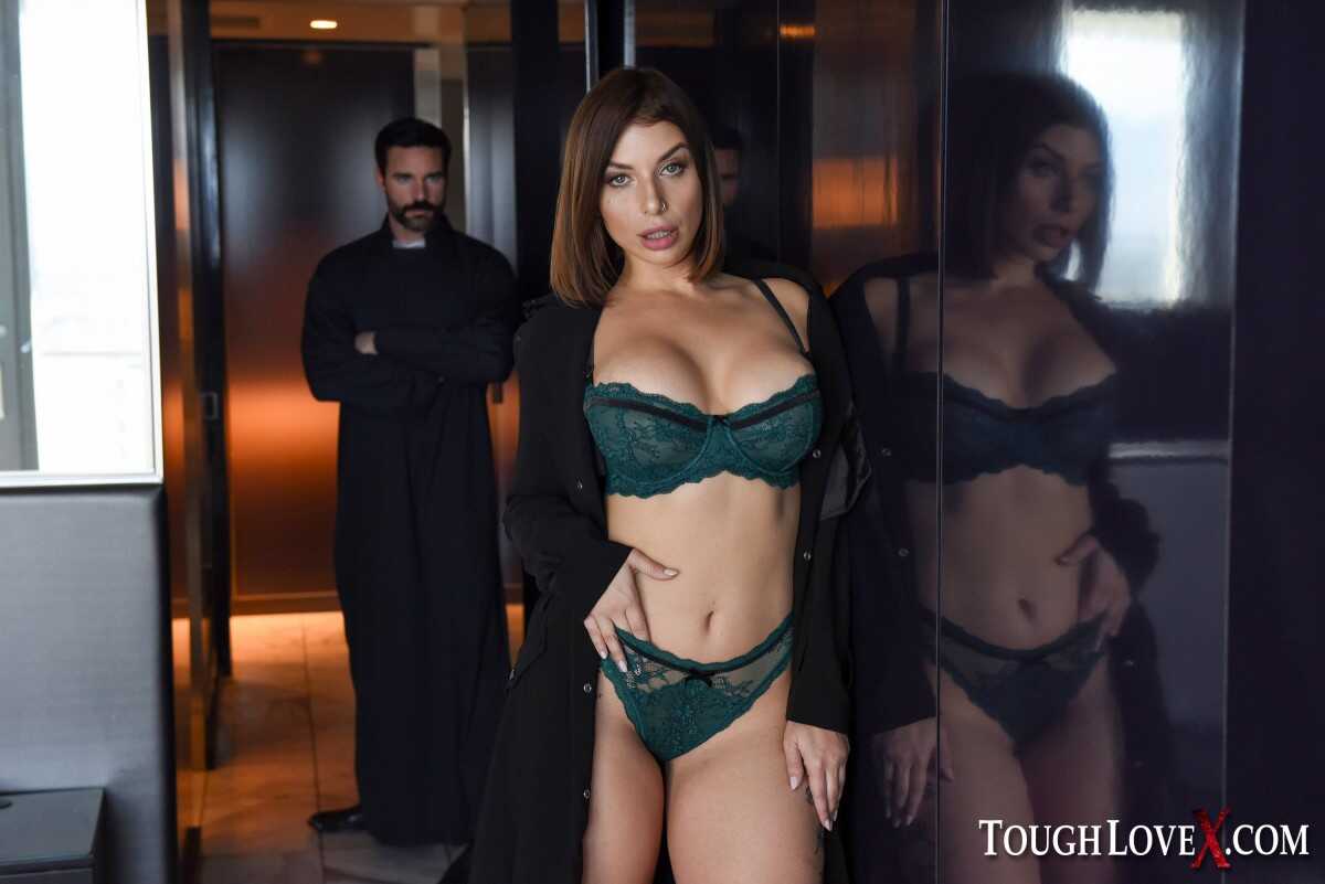 Naughty Brunette Chick in Fetish Lingerie Tempts the Priest with Her Naked Boobs - Ivy Lebelle